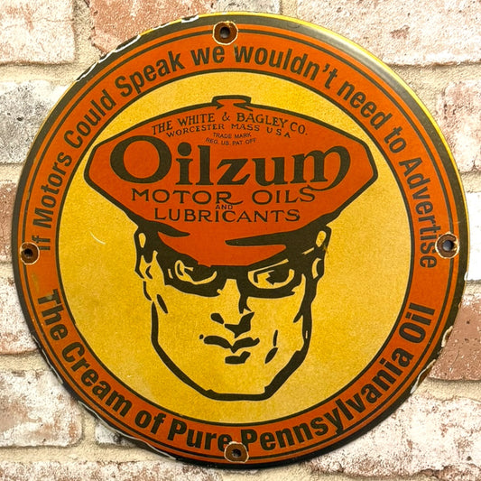 Oilzum Motor Oil Co 12" Round Vintage Porcelain Enamel Pump Plate Sign