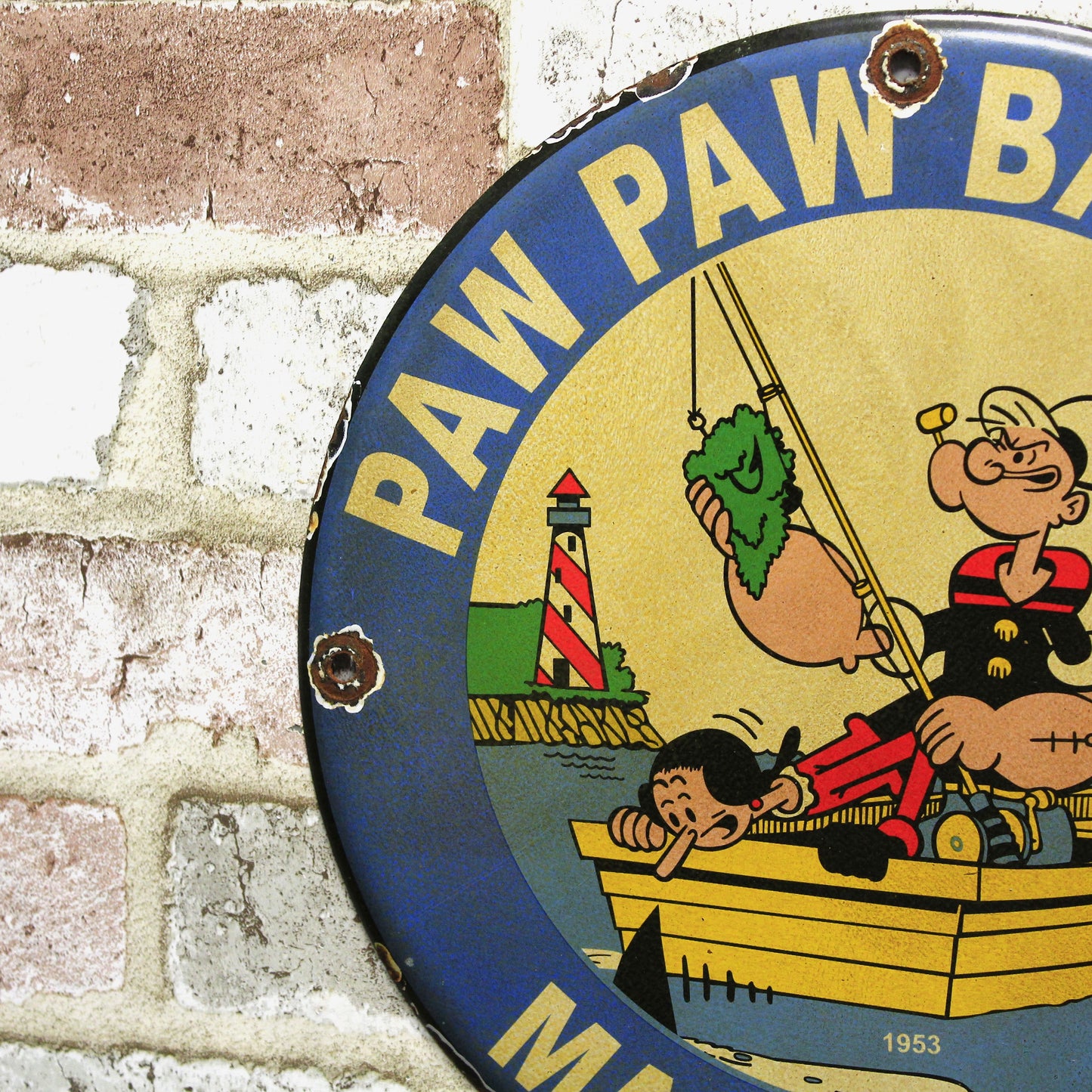 Popeye Paw Paw Bait Co Vintage Fishing Porcelain Enamel Sign (12in)