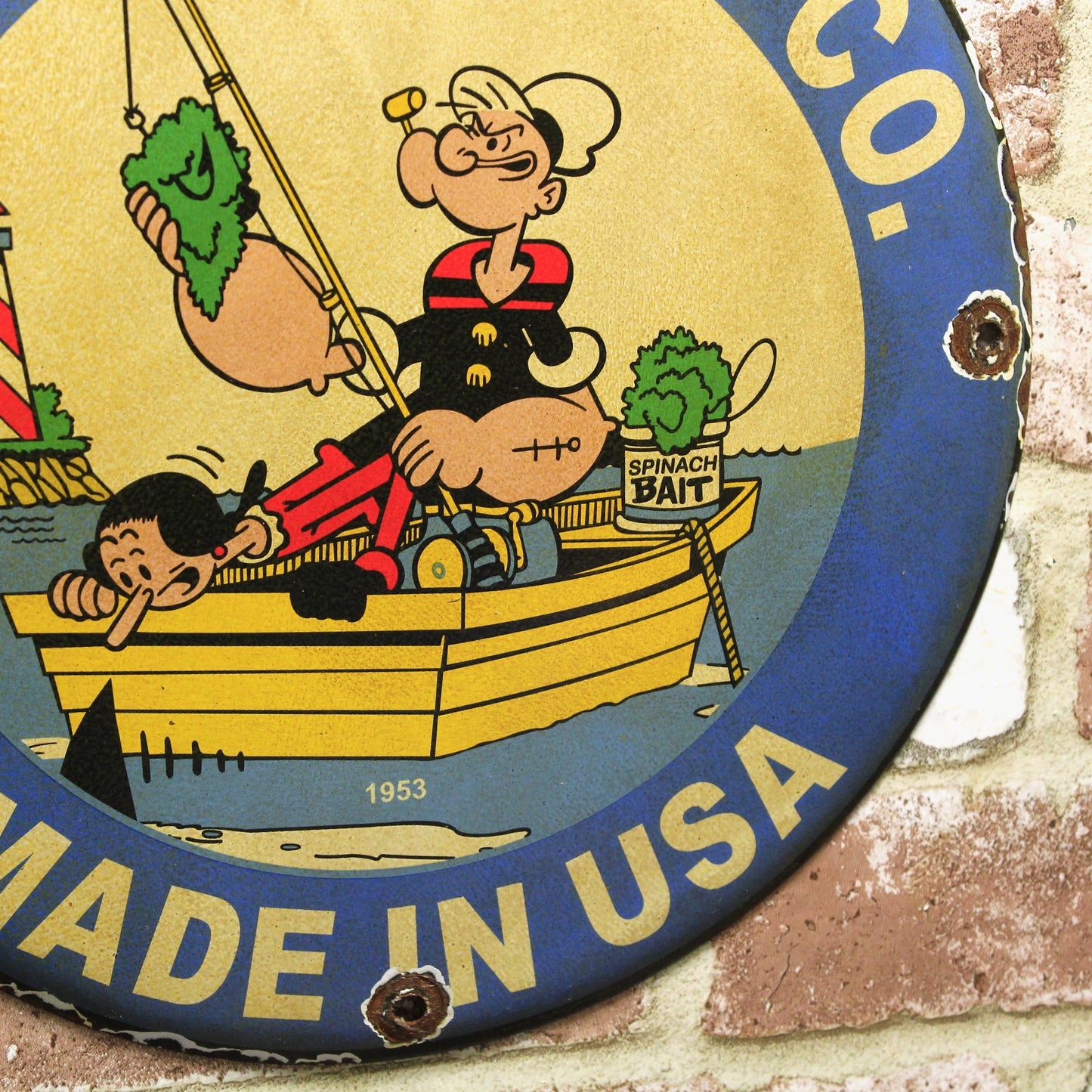 Popeye Paw Paw Bait Co Vintage Fishing Porcelain Enamel Sign (12in)