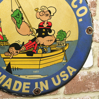 Popeye Paw Paw Bait Co Vintage Fishing Porcelain Enamel Sign (12in)