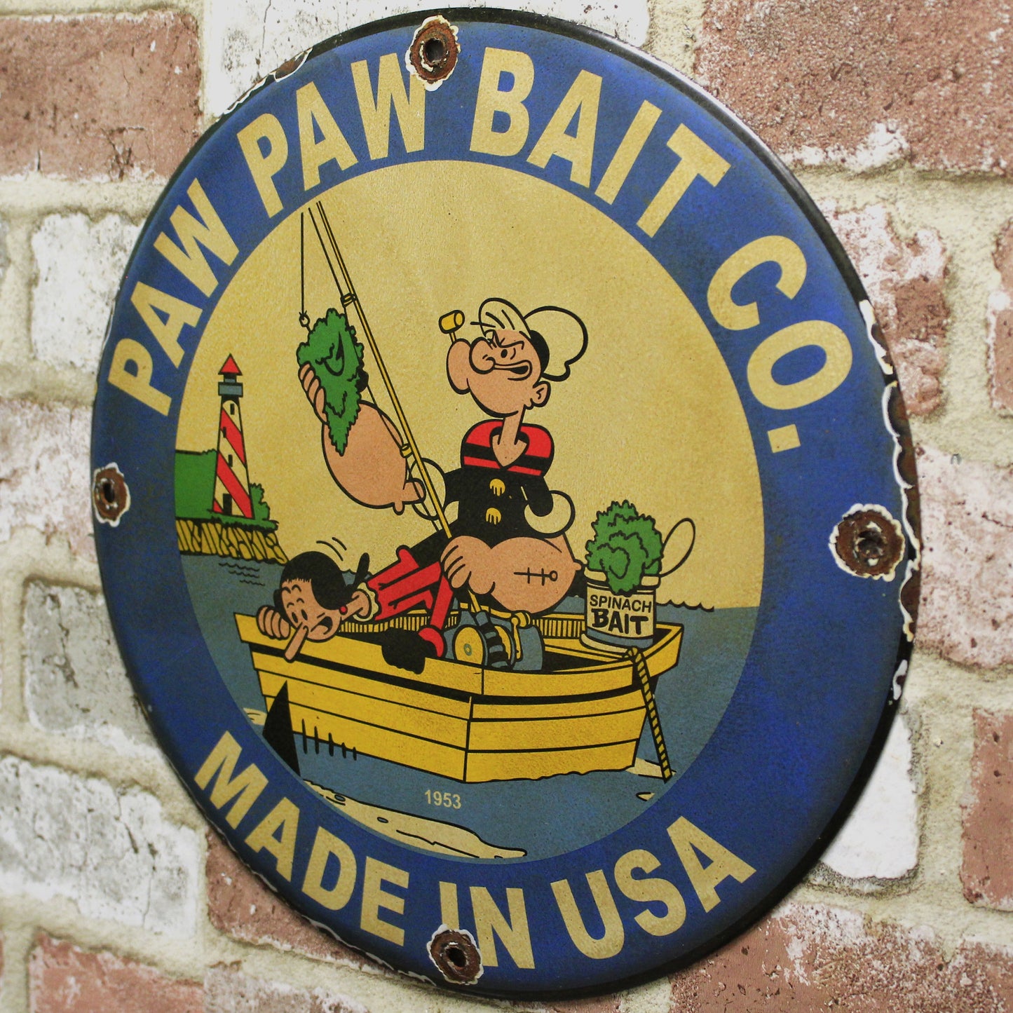 Popeye Paw Paw Bait Co Vintage Fishing Porcelain Enamel Sign (12in)