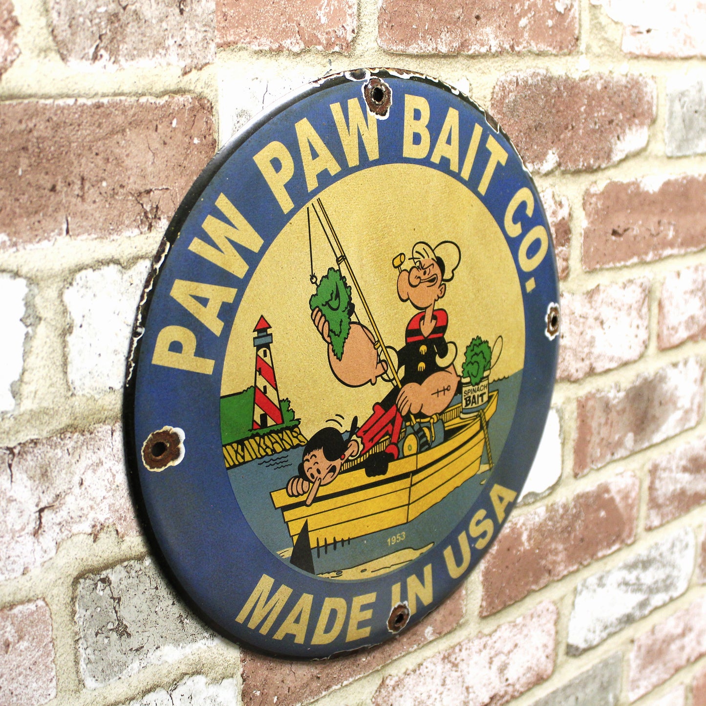 Popeye Paw Paw Bait Co Vintage Fishing Porcelain Enamel Sign (12in)