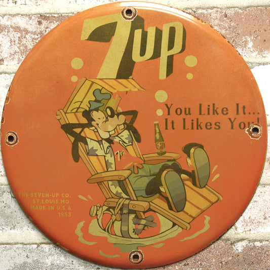 7UP You Like It with Goofy Vintage Porcelain Enamel Sign (12in)