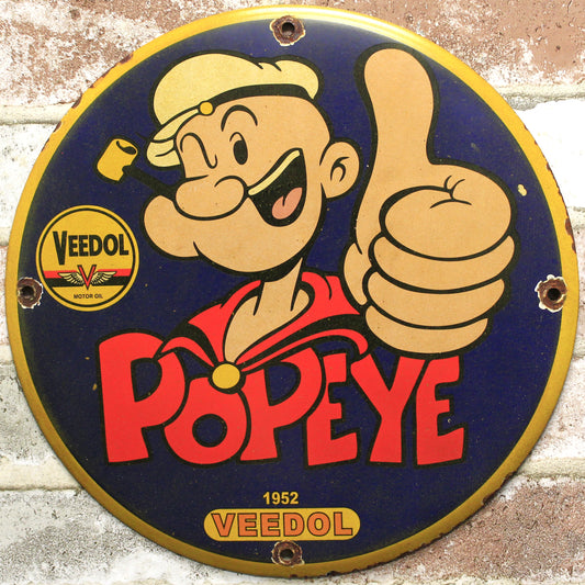 Veedol Motor Oil Popeye Approved 1952 Porcelain Enamel Sign (12in)