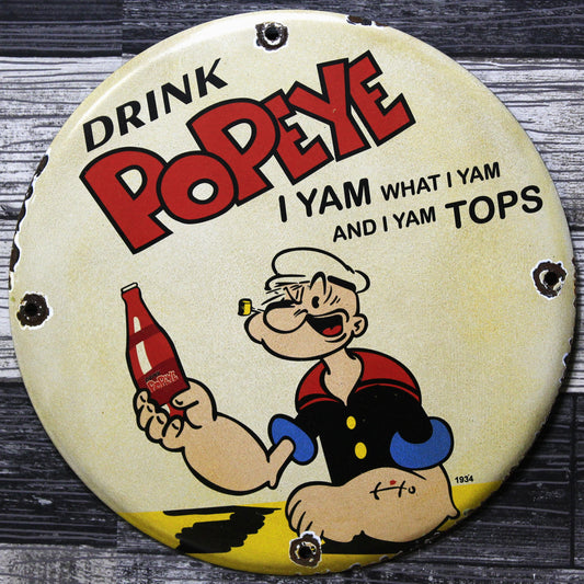 Drink Popeye Vintage Tops Porcelain Enamel Sign (12in)