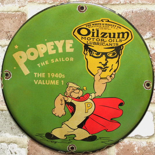 Oilzum Motor Oil Popeye The Sailor Vintage Porcelain Enamel Sign (12in)