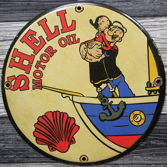 Shell Motor Oil with Popeye & Olive Porcelain Enamel Sign (12in)
