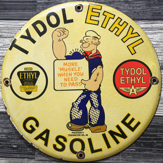 Popeye Tydol Ethyl Gasoline Porcelain Enamel Sign (12in)
