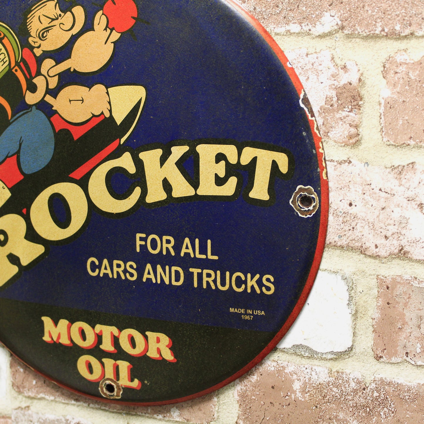 Rocket Motor Oil with Popeye Porcelain Enamel Sign (12in)