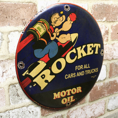 Rocket Motor Oil with Popeye Porcelain Enamel Sign (12in)
