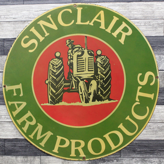 Sinclair Tractor Farm Products Large 30-Inch Porcelain Vintage Service Station Enamel Sign
