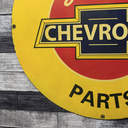 We Use Chevrolet Parts Large Metal 30-Inch Porcelain Vintage Enamel Service Station Sign
