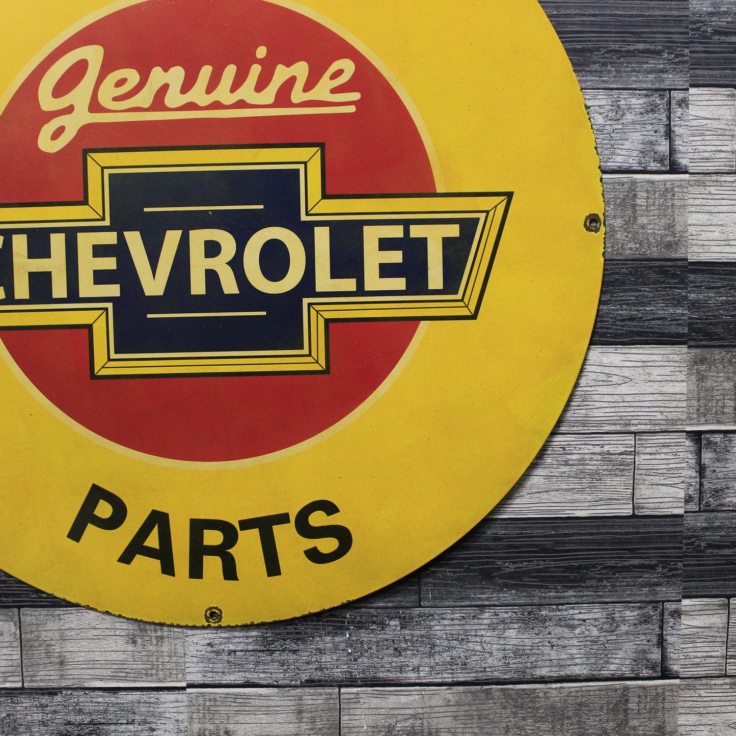 We Use Chevrolet Parts Large Metal 30-Inch Porcelain Vintage Enamel Service Station Sign