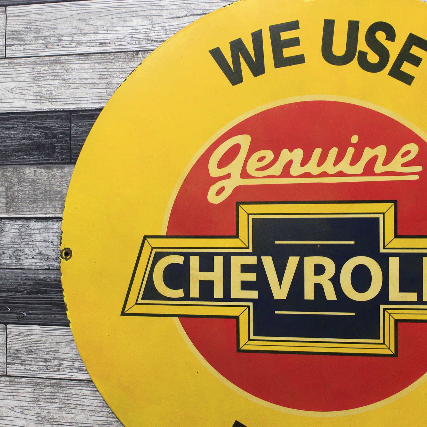 We Use Chevrolet Parts Large Metal 30-Inch Porcelain Vintage Enamel Service Station Sign