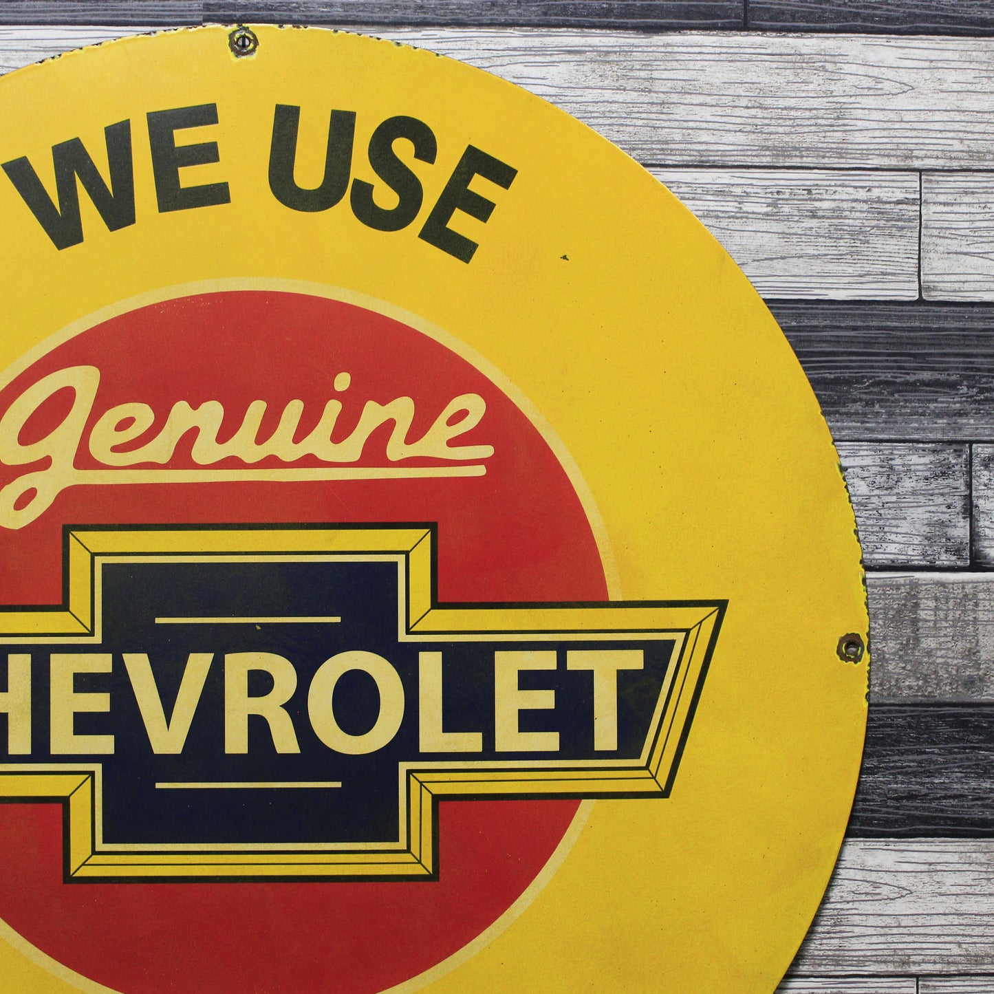 We Use Chevrolet Parts Large Metal 30-Inch Porcelain Vintage Enamel Service Station Sign