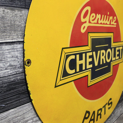 We Use Chevrolet Parts Large Metal 30-Inch Porcelain Vintage Enamel Service Station Sign