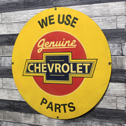 We Use Chevrolet Parts Large Metal 30-Inch Porcelain Vintage Enamel Service Station Sign
