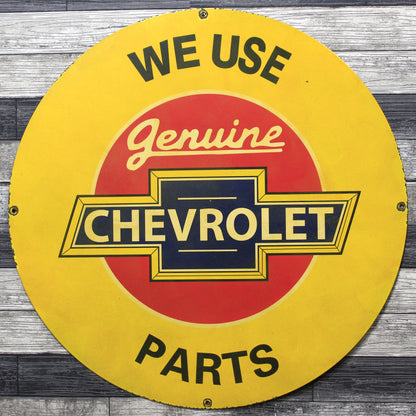 We Use Chevrolet Parts Large Metal 30-Inch Porcelain Vintage Enamel Service Station Sign