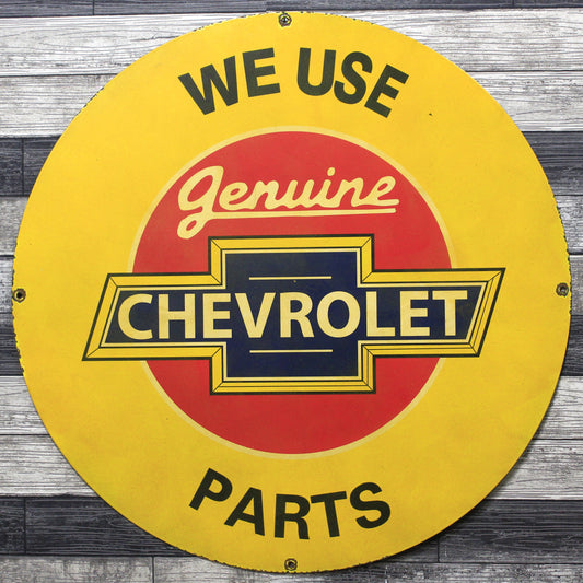 We Use Chevrolet Parts Large Metal 30-Inch Porcelain Vintage Enamel Service Station Sign