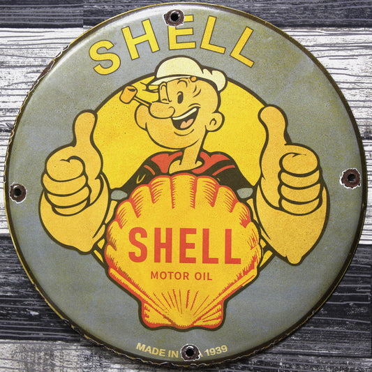 Popeye Gives Shell Two Thumbs Up Porcelain Enamel Sign (12in)