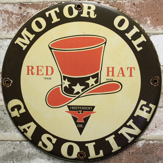 Red Hat Motor Oil Gasoline Porcelain Enamel Sign (12in)