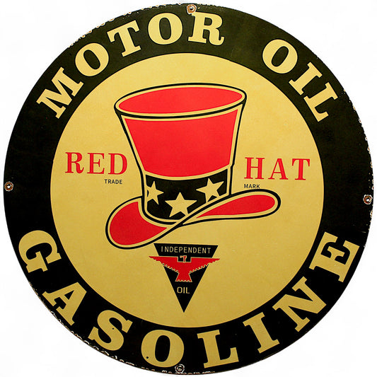 Red Hat Motor Oil Vintage Gasoline Porcelain Enamel Sign | Large 30-Inch