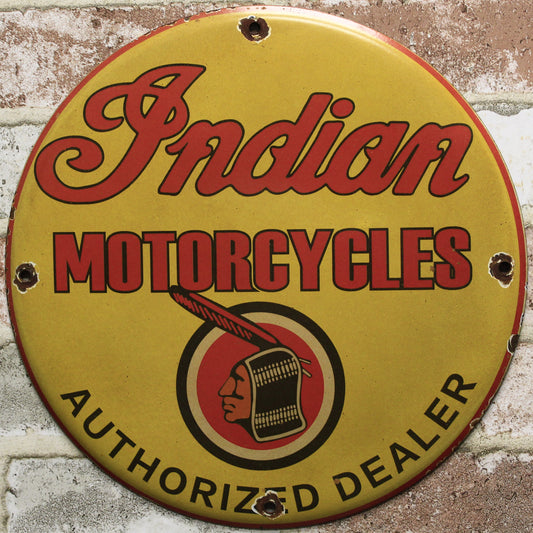 Indian Motorcycles Authorized Dealer Vintage Porcelain Enamel Sign (12in)