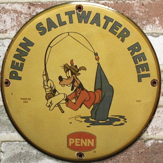 Penn Saltwater Reels with Goofy Fishing Vintage Porcelain Enamel Sign (12in)