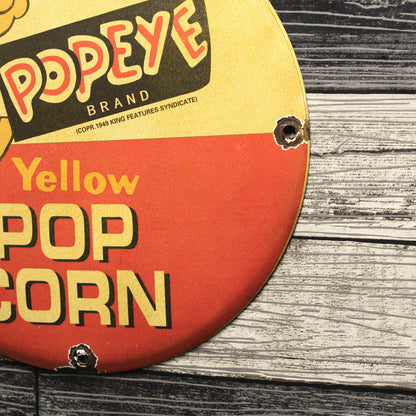 Yellow Pop Corn Popeye Brand Porcelain Enamel Sign (12in)