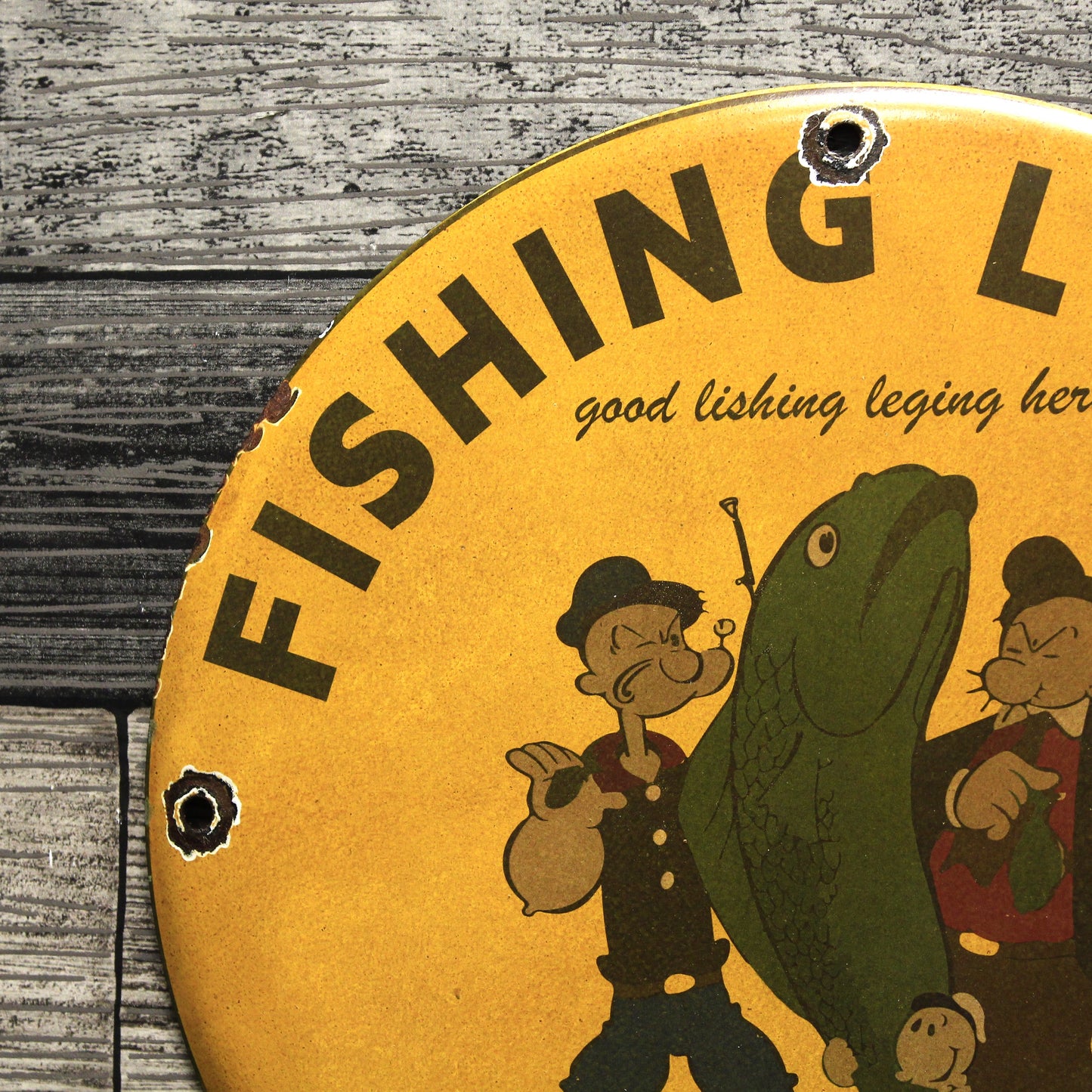 Fishing Lures Paw Paw Bait Co with Popeye Porcelain Enamel Sign (12in)