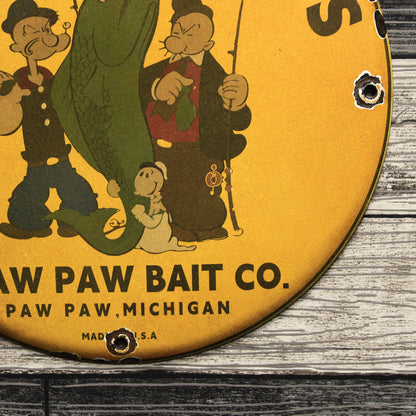 Fishing Lures Paw Paw Bait Co with Popeye Porcelain Enamel Sign (12in)