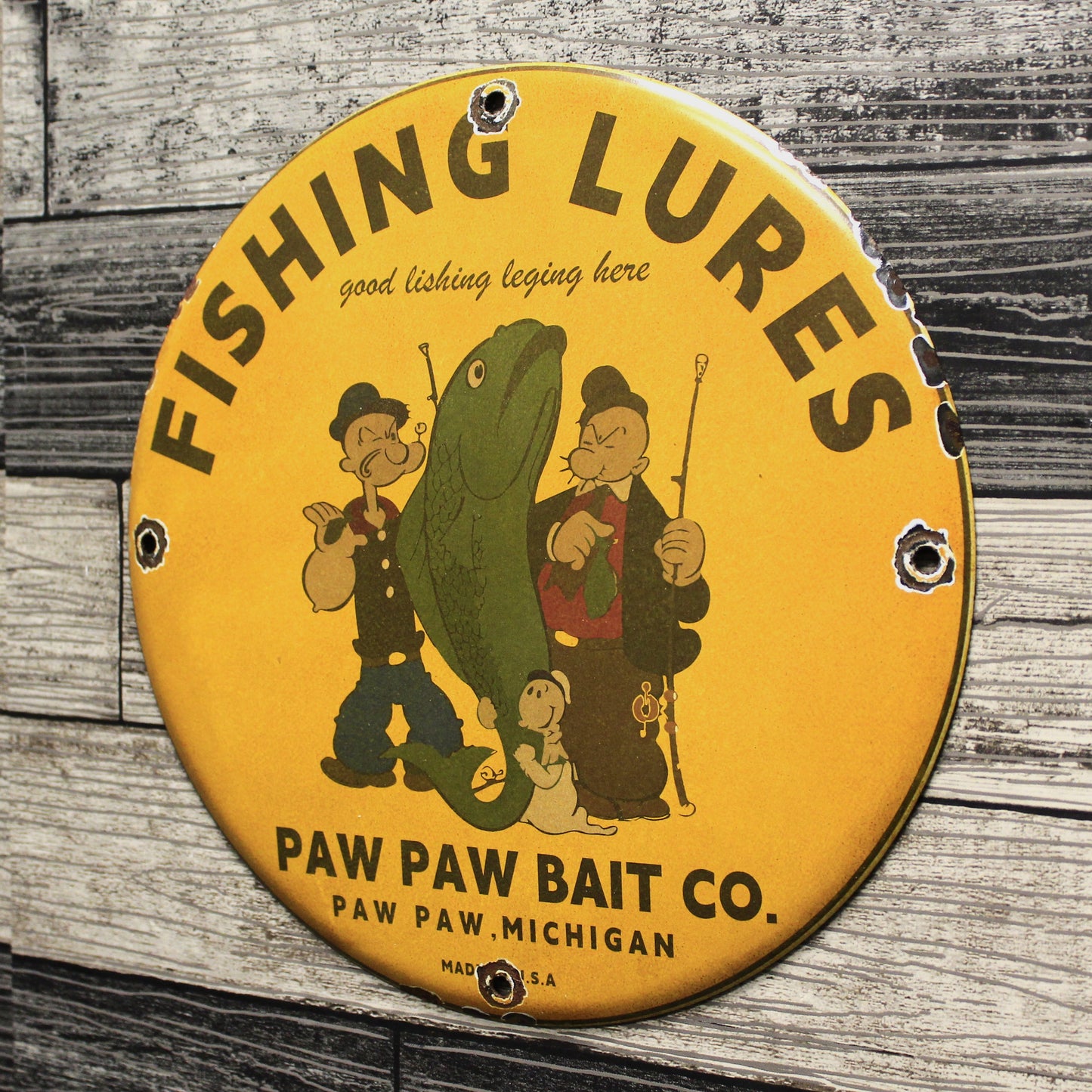 Fishing Lures Paw Paw Bait Co with Popeye Porcelain Enamel Sign (12in)