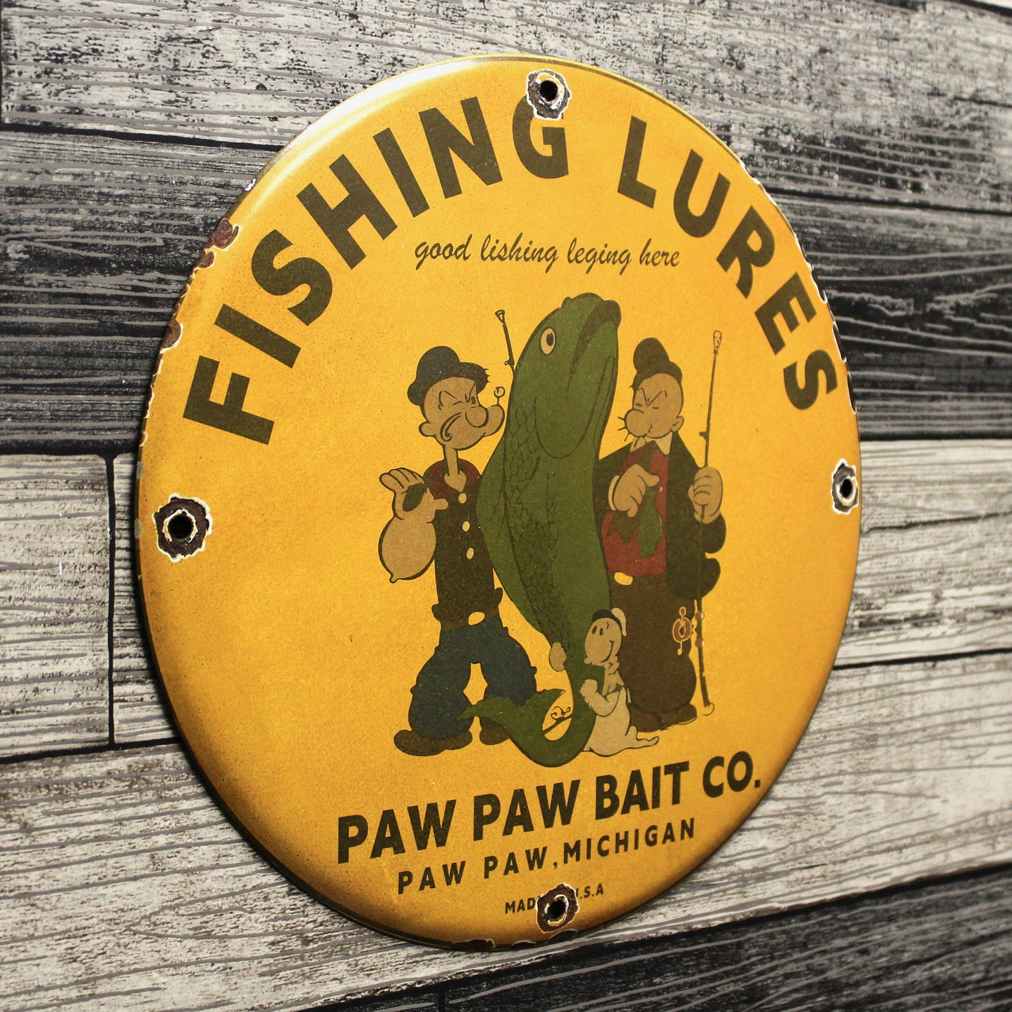 Fishing Lures Paw Paw Bait Co with Popeye Porcelain Enamel Sign (12in)