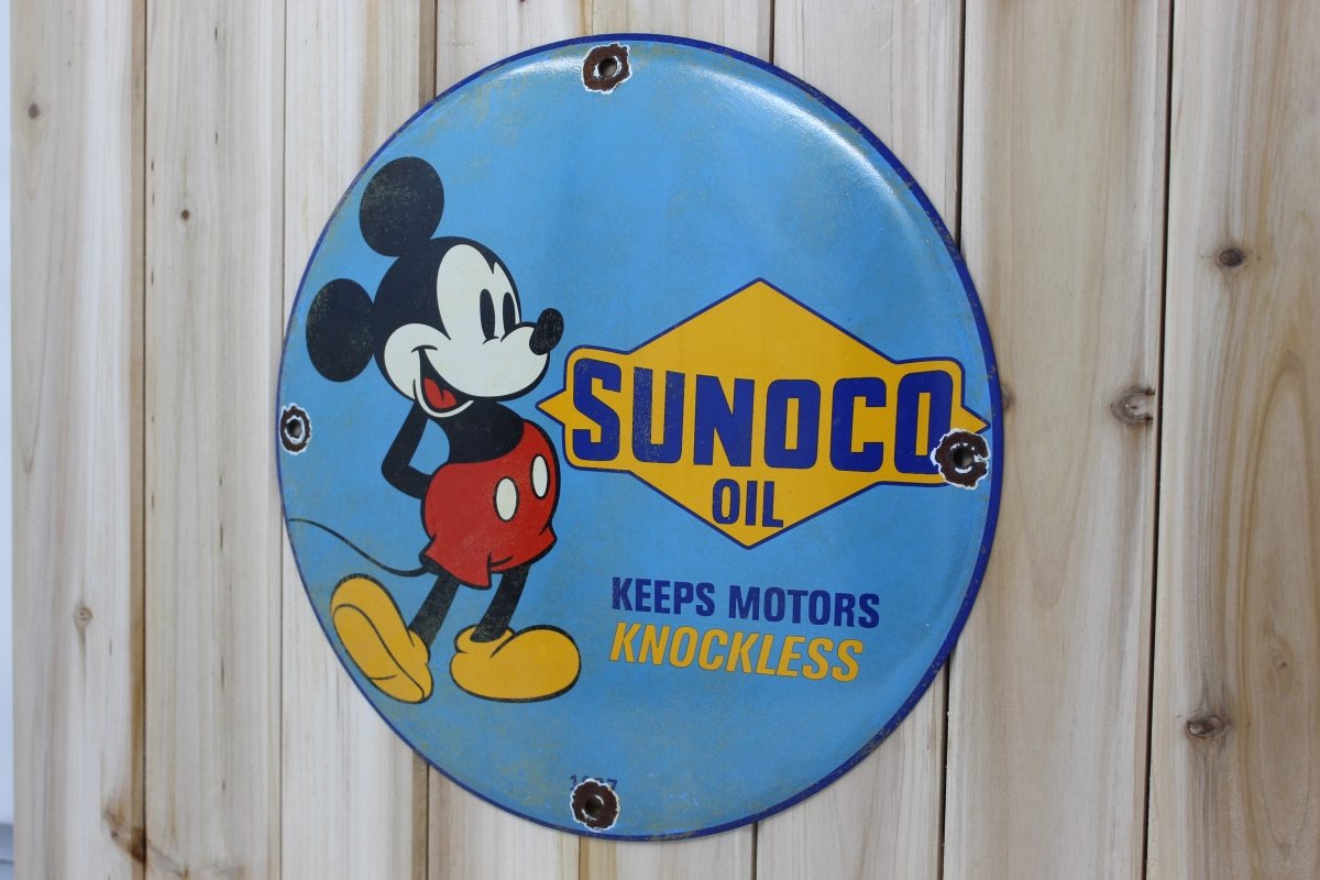 12in Sunoco Motor Oil Mickey - Porcelain Enamel Sign - PORCELAIN ADVERTISING - Sign