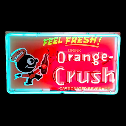 Orange Crush Neon Sign with Crushy - Real Glass, Porcelain, Metal Can - Vintage Soda Advertising