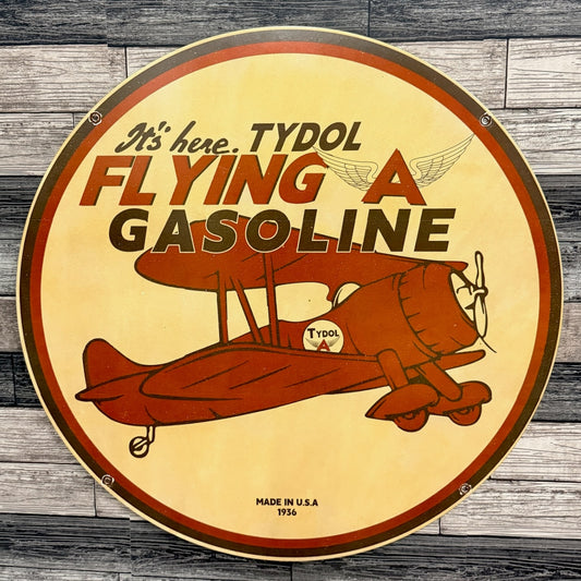 Tydol Flying A Gasoline Aviation 1936 Large Porcelain Enamel Sign 30-Inch