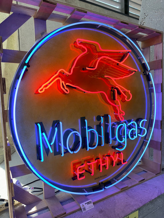 Real Glass Neon Porcelain Can - Vintage Mobilgas Ethyl Flying Winged Horse Pegasus - Old Light Up Gas Station Advertising Reproduction