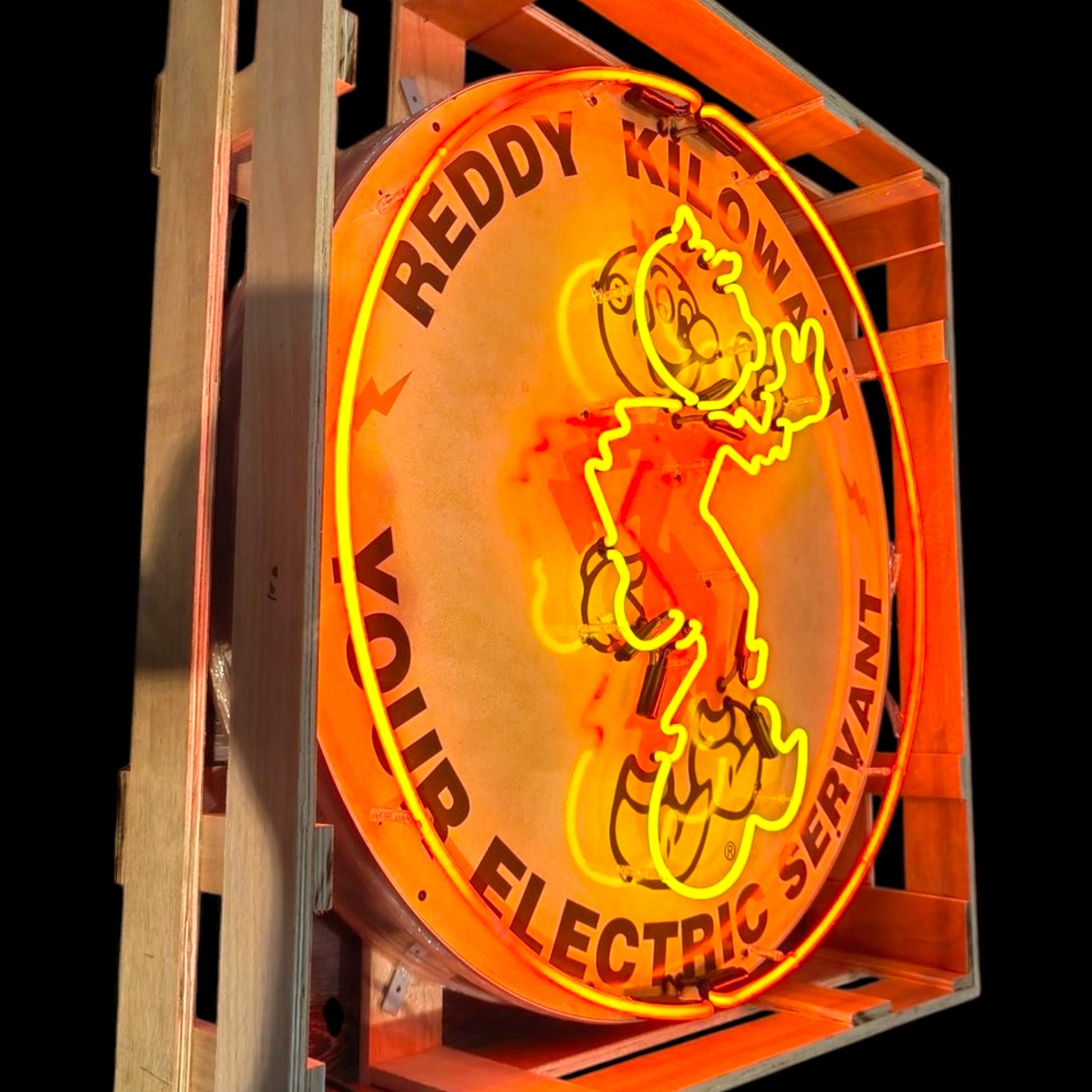 Buy neon porcelain Reddy Kilowatt can sign on sale. Authentic quality handcrafted reproduction 