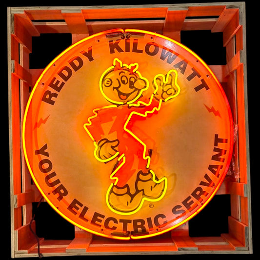 Shop Reddy Kilowatt vintage neon porcelain can sign on sale. Authentic quality handcrafted reproduction 
