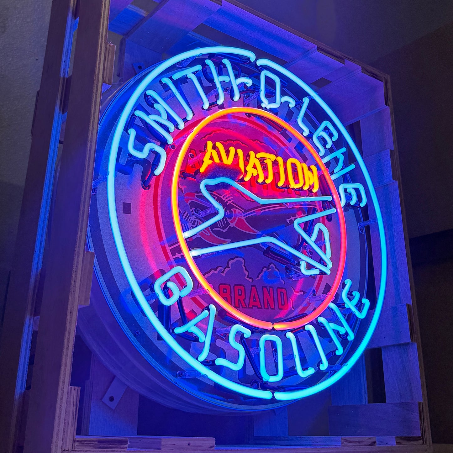 Smith-O-Lene Aviation Gasoline Neon Porcelain Sign with Can