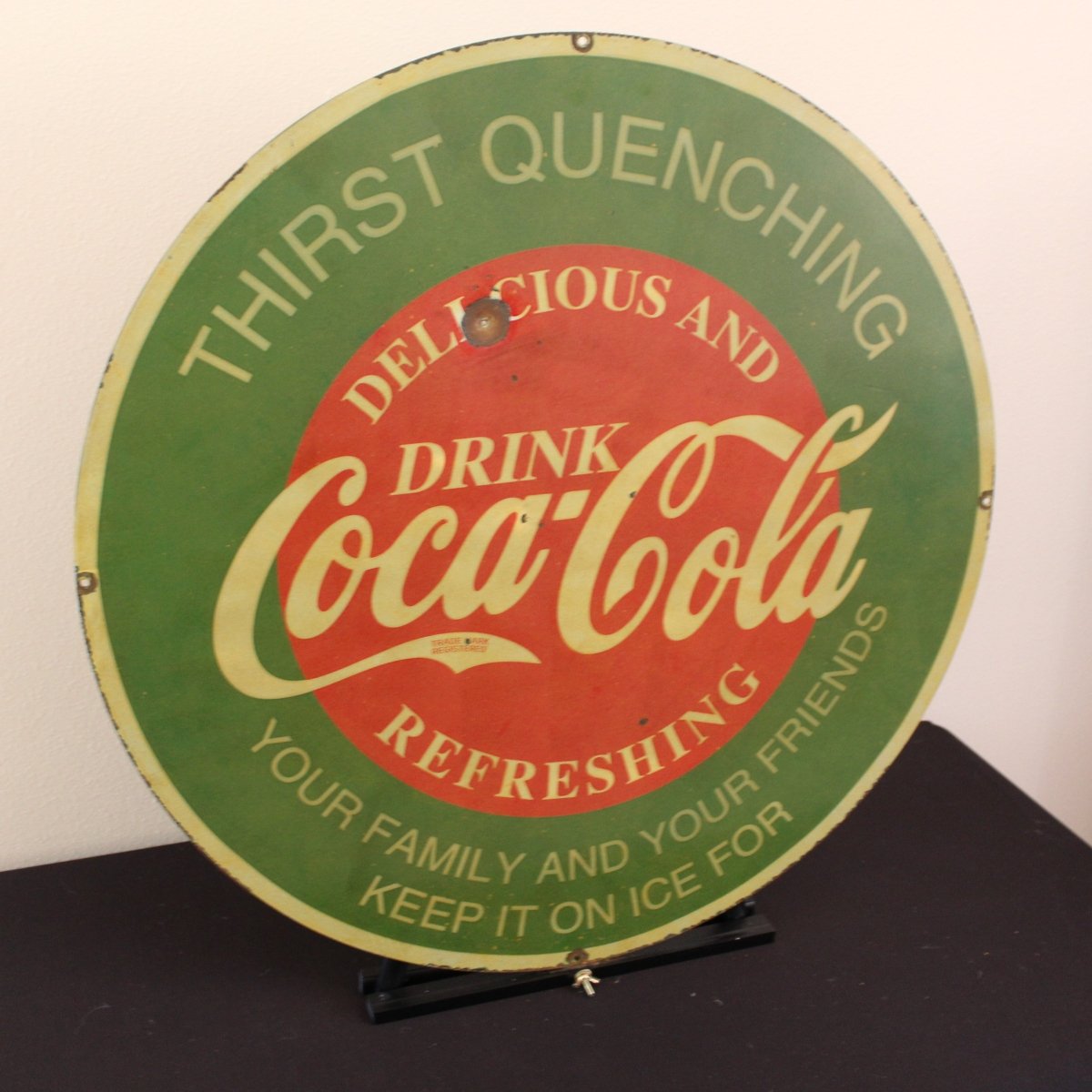 30in Coca - Cola with Bullet Hole Porcelain Enamel Sign - PORCELAIN ADVERTISING - Porcelain Sign