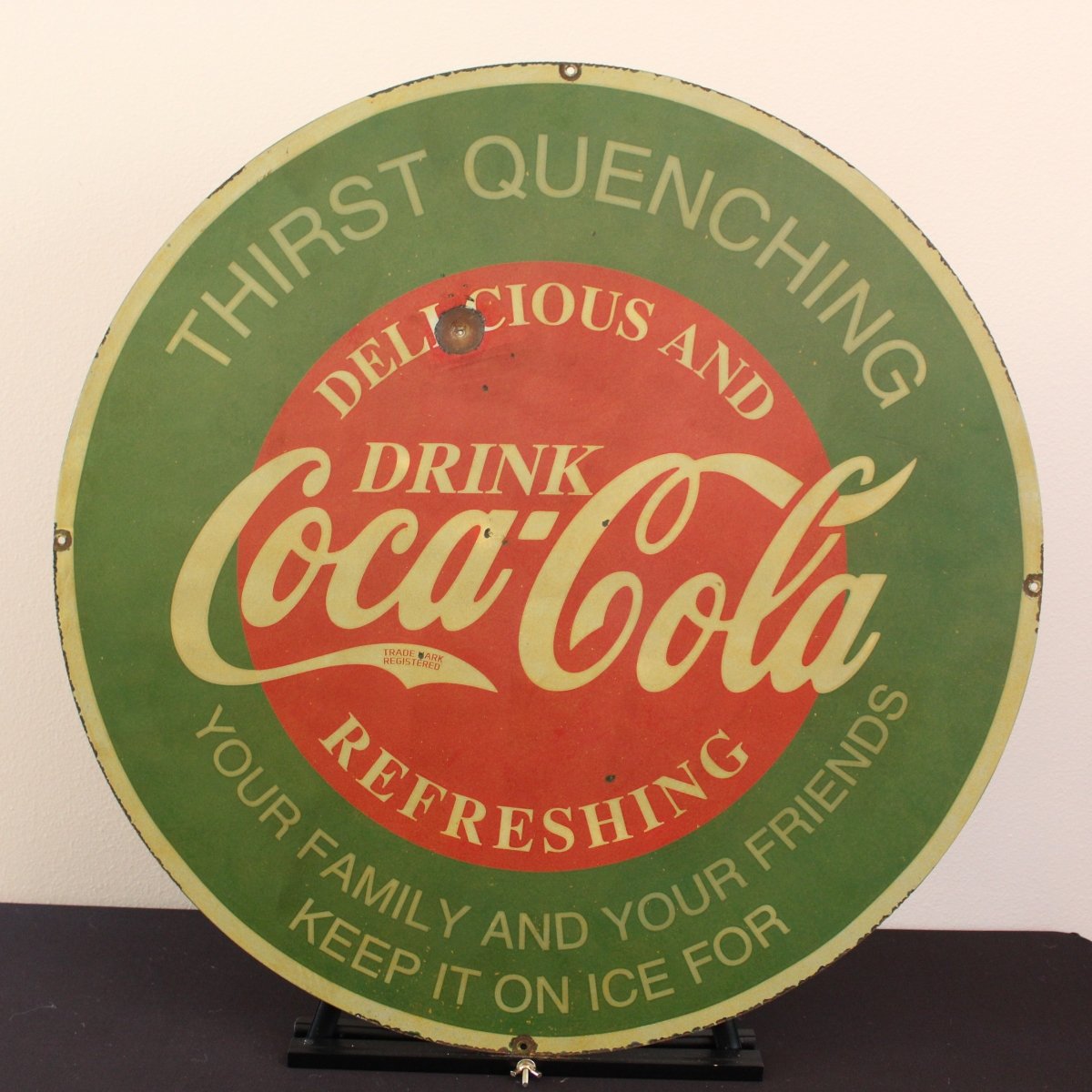 30in Coca - Cola with Bullet Hole Porcelain Enamel Sign - PORCELAIN ADVERTISING - Porcelain Sign