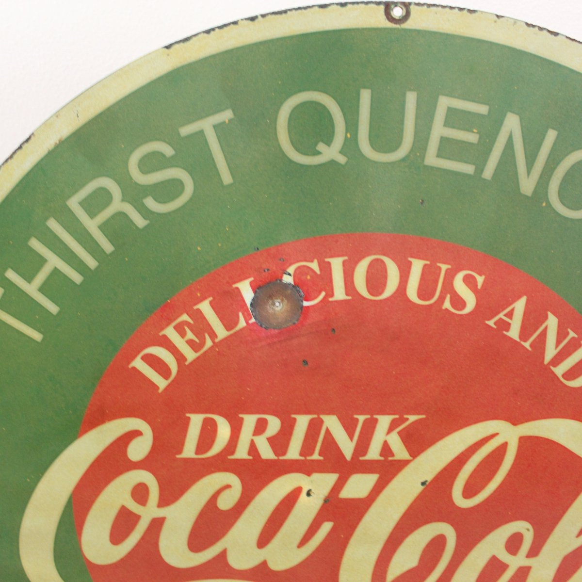 30in Coca - Cola with Bullet Hole Porcelain Enamel Sign - PORCELAIN ADVERTISING - Porcelain Sign