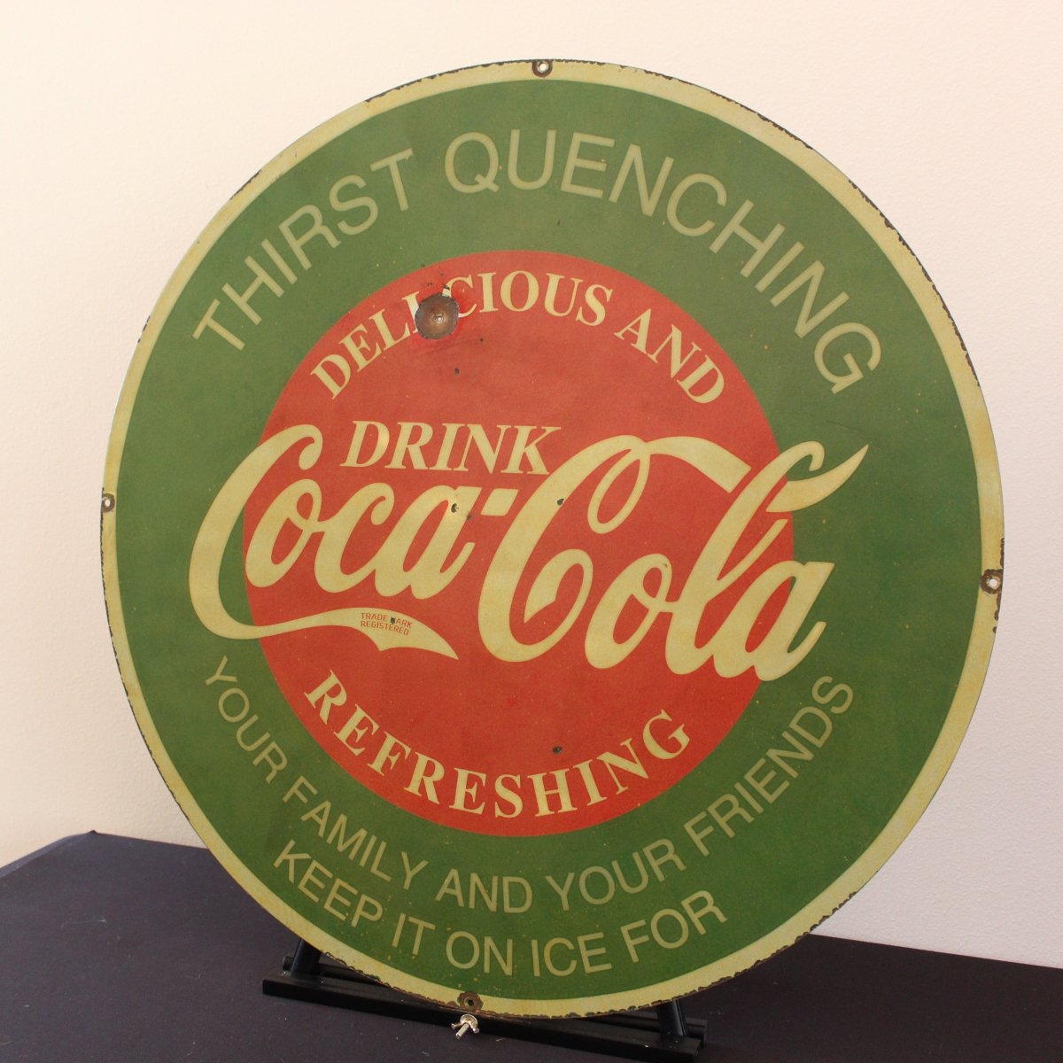 30in Coca - Cola with Bullet Hole Porcelain Enamel Sign - PORCELAIN ADVERTISING - Porcelain Sign