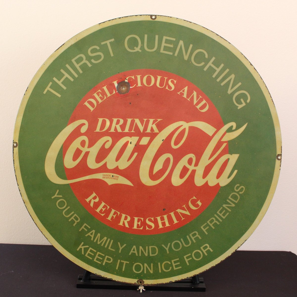 30in Coca - Cola with Bullet Hole Porcelain Enamel Sign - PORCELAIN ADVERTISING - Porcelain Sign