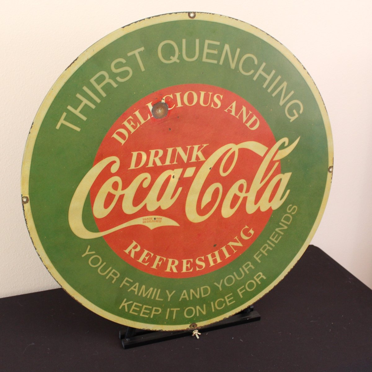 30in Coca - Cola with Bullet Hole Porcelain Enamel Sign - PORCELAIN ADVERTISING - Porcelain Sign