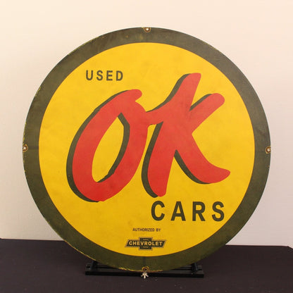 30in OK Used Cars Porcelain Enamel Sign - PORCELAIN ADVERTISING - Porcelain Sign