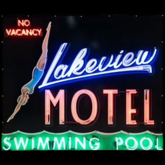 Lakeview Motel Glass Neon Porcelain Vintage Advertising Reproduction with Steel Can