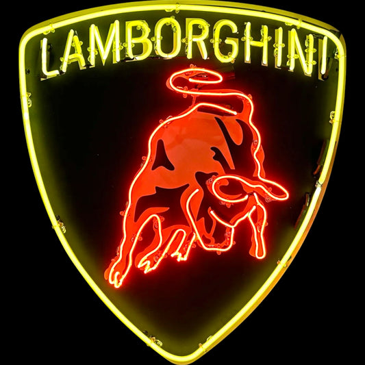 Lamborghini Charging Bull Design Gold Shield - Neon Porcelain Die Cut Sign with Can