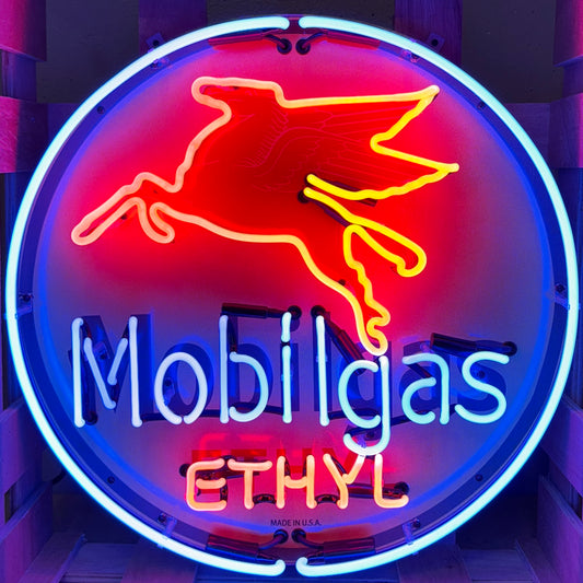 Real Glass Neon Porcelain Can - Vintage Mobilgas Ethyl Flying Winged Horse Pegasus - Old Light Up Gas Station Advertising Reproduction